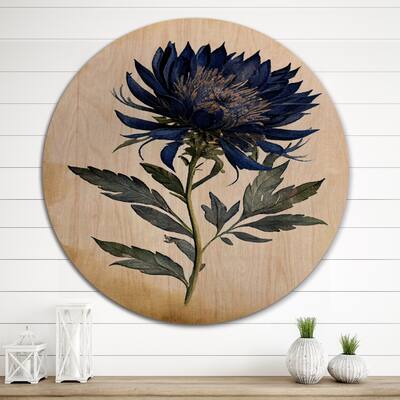 Designart "Blossoming Blue Retro Flower II" Floral Wood Wall Art - Natural Pine Wood