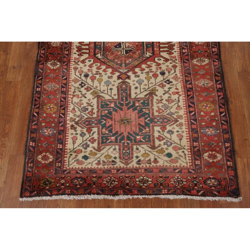Hand Knotted Oriental 100% Wool Carpet Traditional Geometric Beige & Ivories Heriz Runner Rug - 10' 7'' X 3' 3''