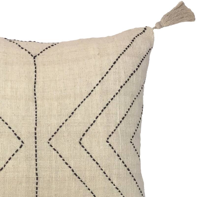 Laredo Handwoven Modern Cotton Blend 20x20 Square Throw Pillow in Ivory with Black Stiching and Tassels