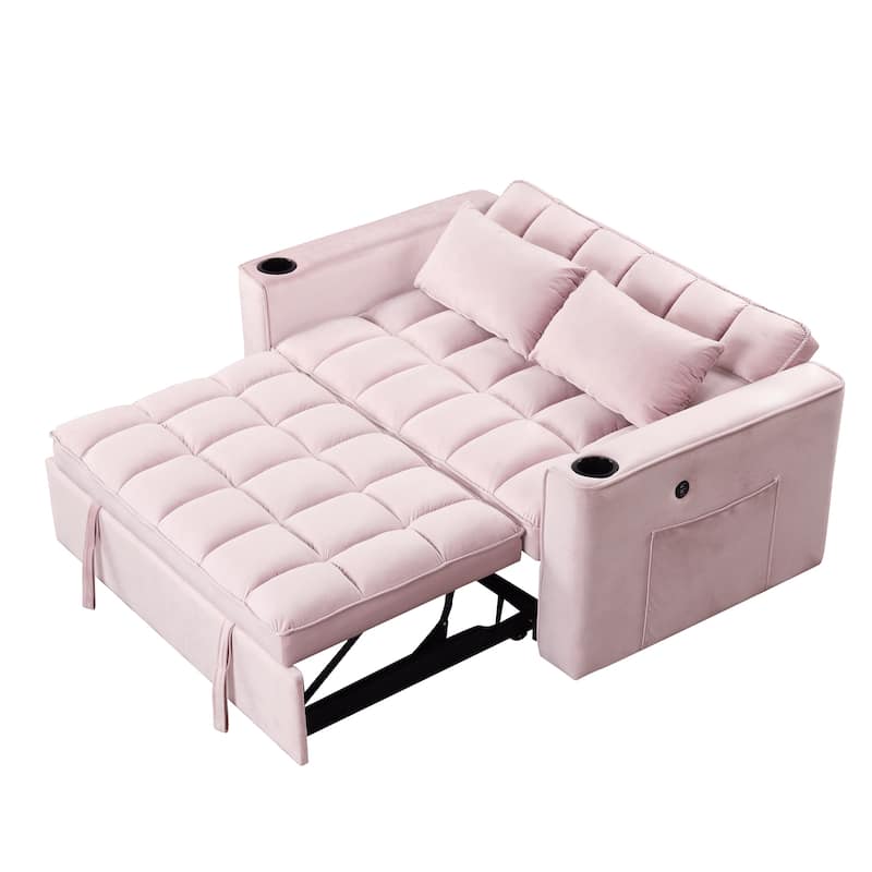 Loveseat Convertible Pull-out Sleeper Sofa Bed Adjustable Backrest Tufted Couch Futon Sofa w2 Pillows, USB Ports Pockets