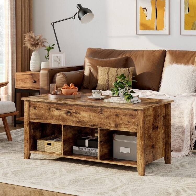 Modern Wood Lift Top Coffee Table with 3 Open Storage Shelves and Iron Legs for Daily Use