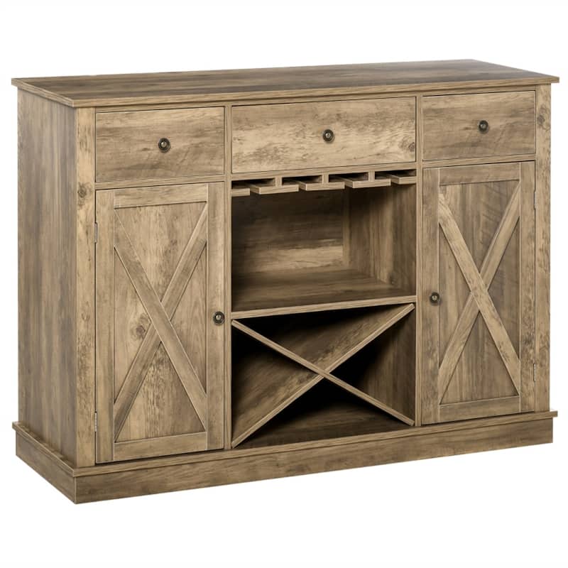 Rustic Oak Grain Sideboard with Drawers and Cabinets Wine Glass Storage MDF Furniture for Kitchen Dining Room Living Room
