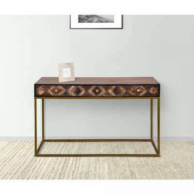 51 Inch 3 Drawer Mango Wood Console Table, Diamond Textured Panels, Metal Frame, Brown