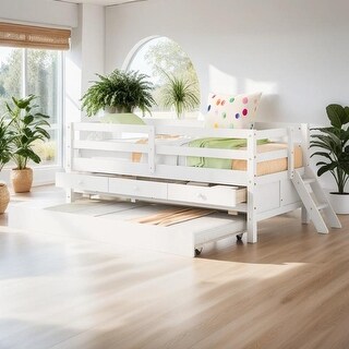 Low Loft Bed Twin Size with Trundle, ladder and Storage Drawers, White