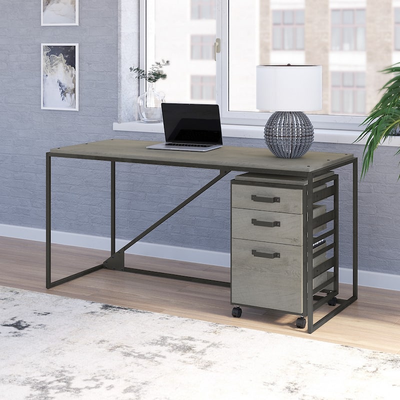 Bush Furniture Refinery 62W Industrial Desk with 3 Drawer Cabinet