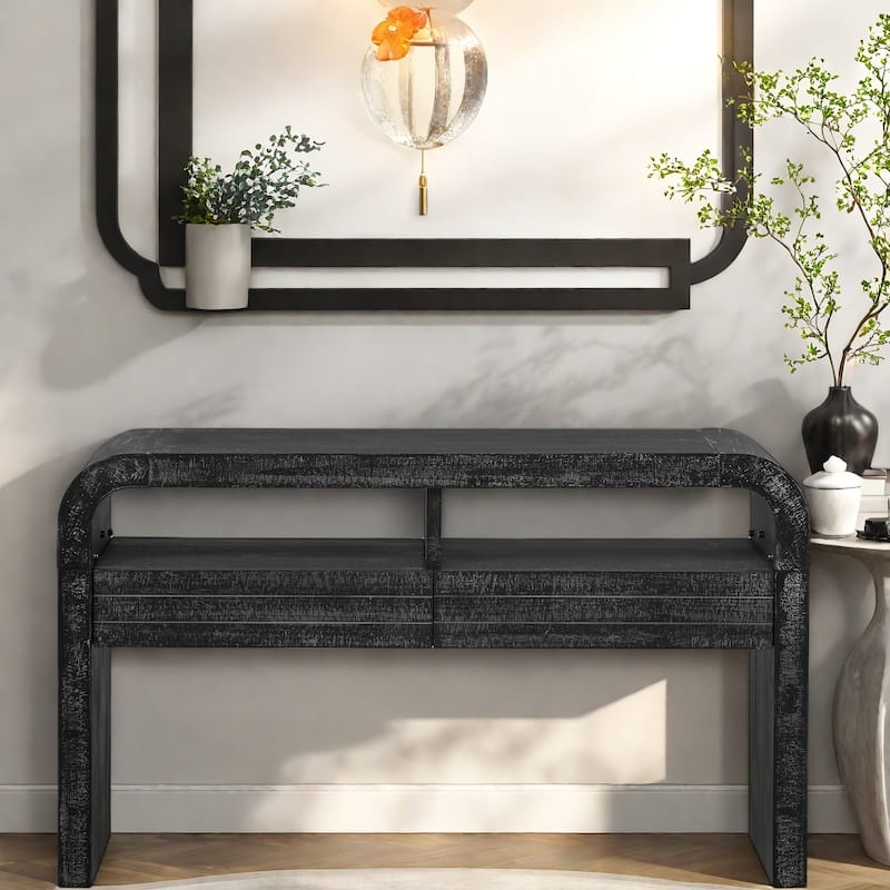 52" MDF Console Table with Fireplace Design and Wood Veneer for Living Room - Antique Black