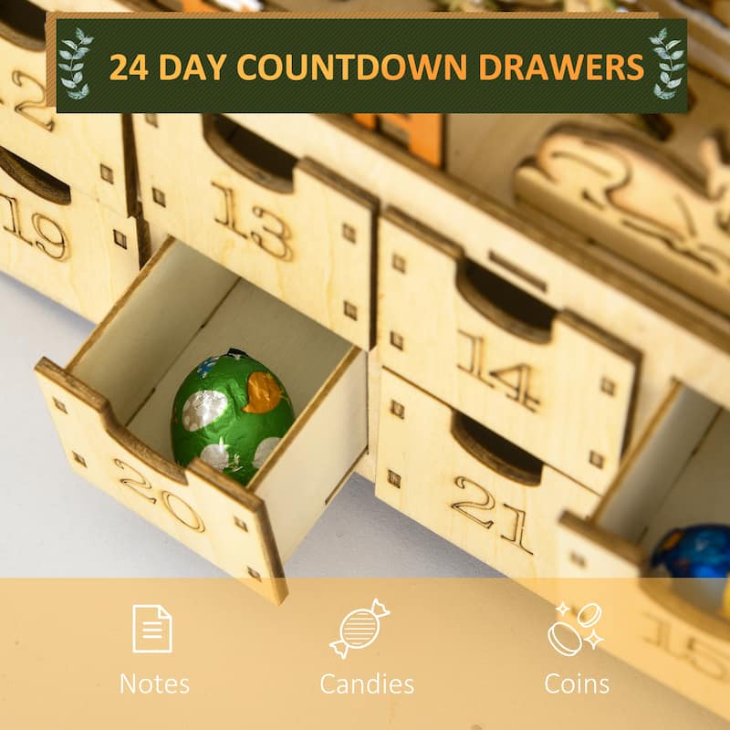 HOMCOM Christmas Advent Calendar, Light Up Wooden Holiday Decoration with 24 Countdown Drawers and LED LightsNatural