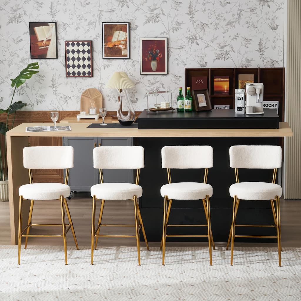 Set of 4 Modern Teddy Fabric Upholstered Bar Stools - Metal Base High Stools