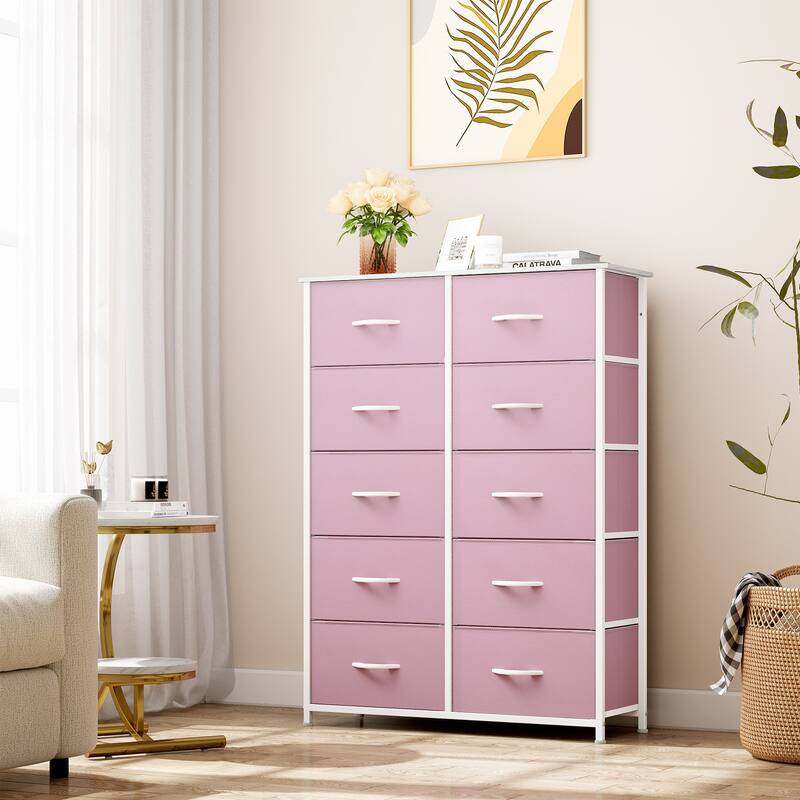 Modern 4/8/10-drawer Bedroom Fabric Dresser Storage Tower with Wood Top - Pink - 10-drawer