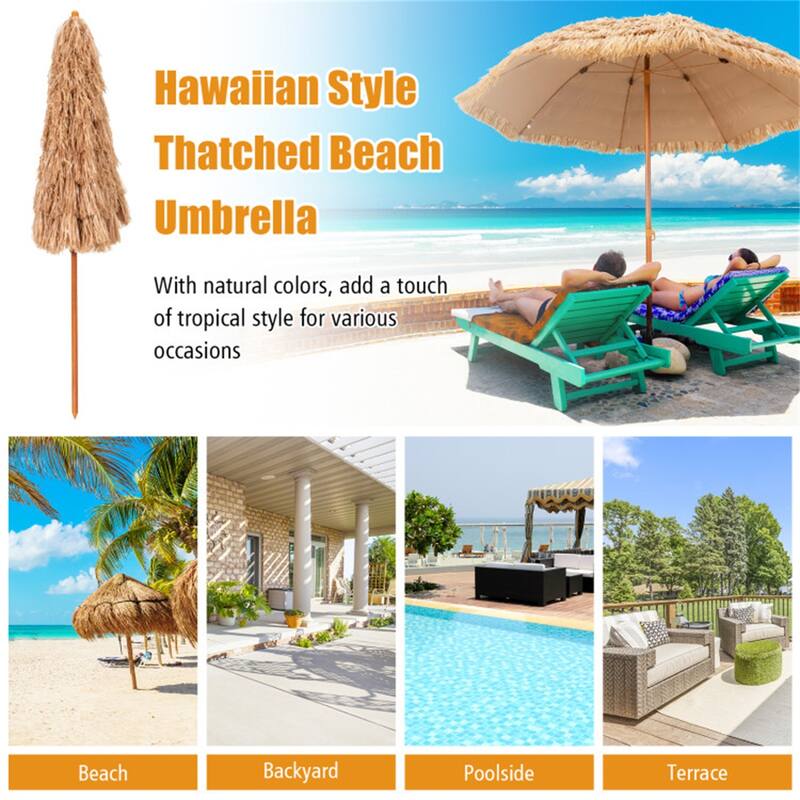 Portable 8 Feet Natural Thatched Patio Umbrella Sunshade Tiki with Steel Pole for Beach or Pool