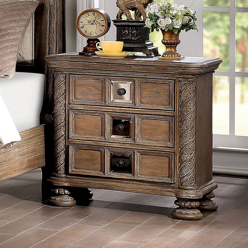 Transitional Rustic Natural 1pc Solid Wood Nightstand w/ 3 Drawers & Bronze Knobs for Bedroom
