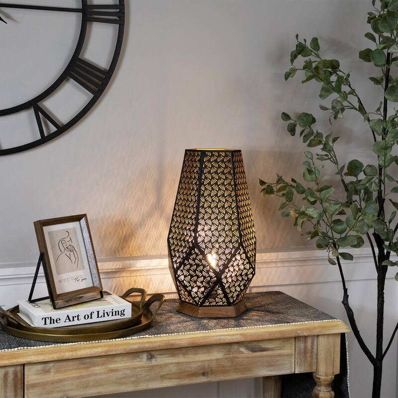 Laser-Cut Leaf Pattern Iron Table Lamp with Wood Base - 16.5" - Black and Gold - 16.5