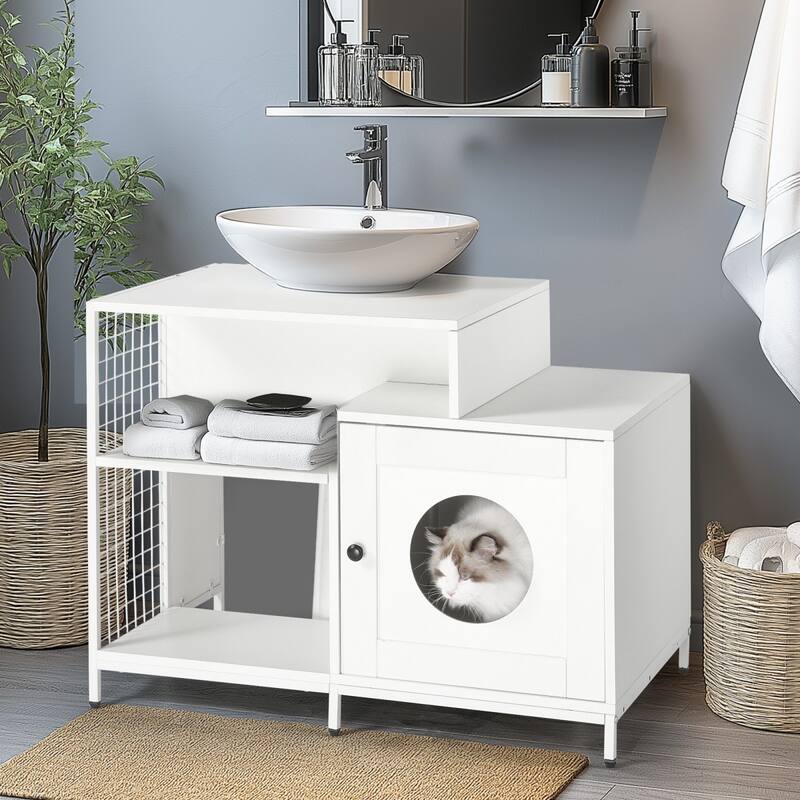 Hidden Cat Litter Box Enclosure with Divider for Large Indoor Cats