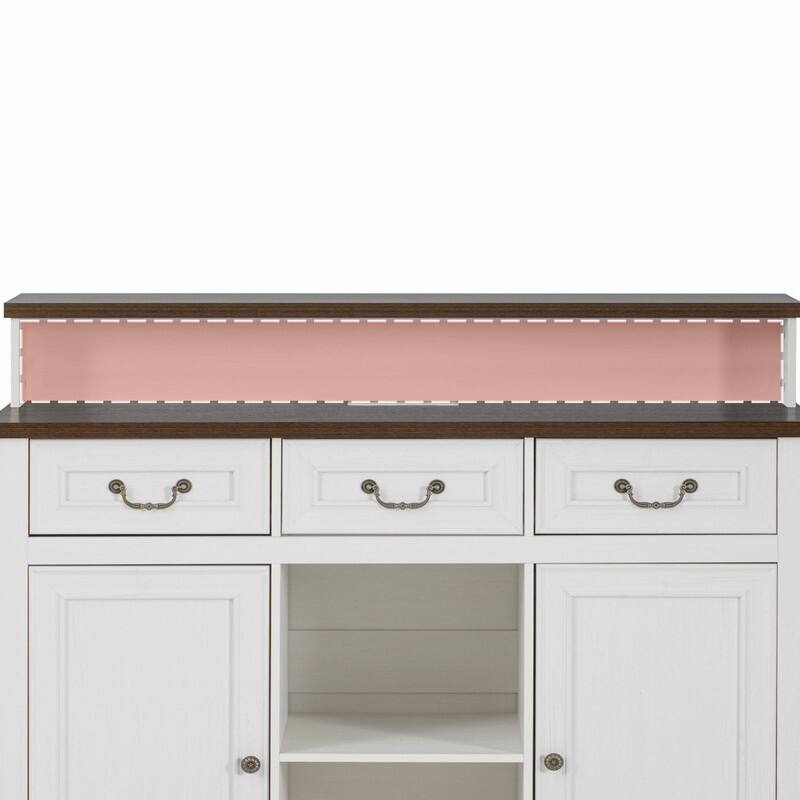 Farmhouse 53.2" Kitchen Island with Power Outlet, Rolling Island Table, Bar Cabinet with Storage 4 Door Shelves and 3 Drawers