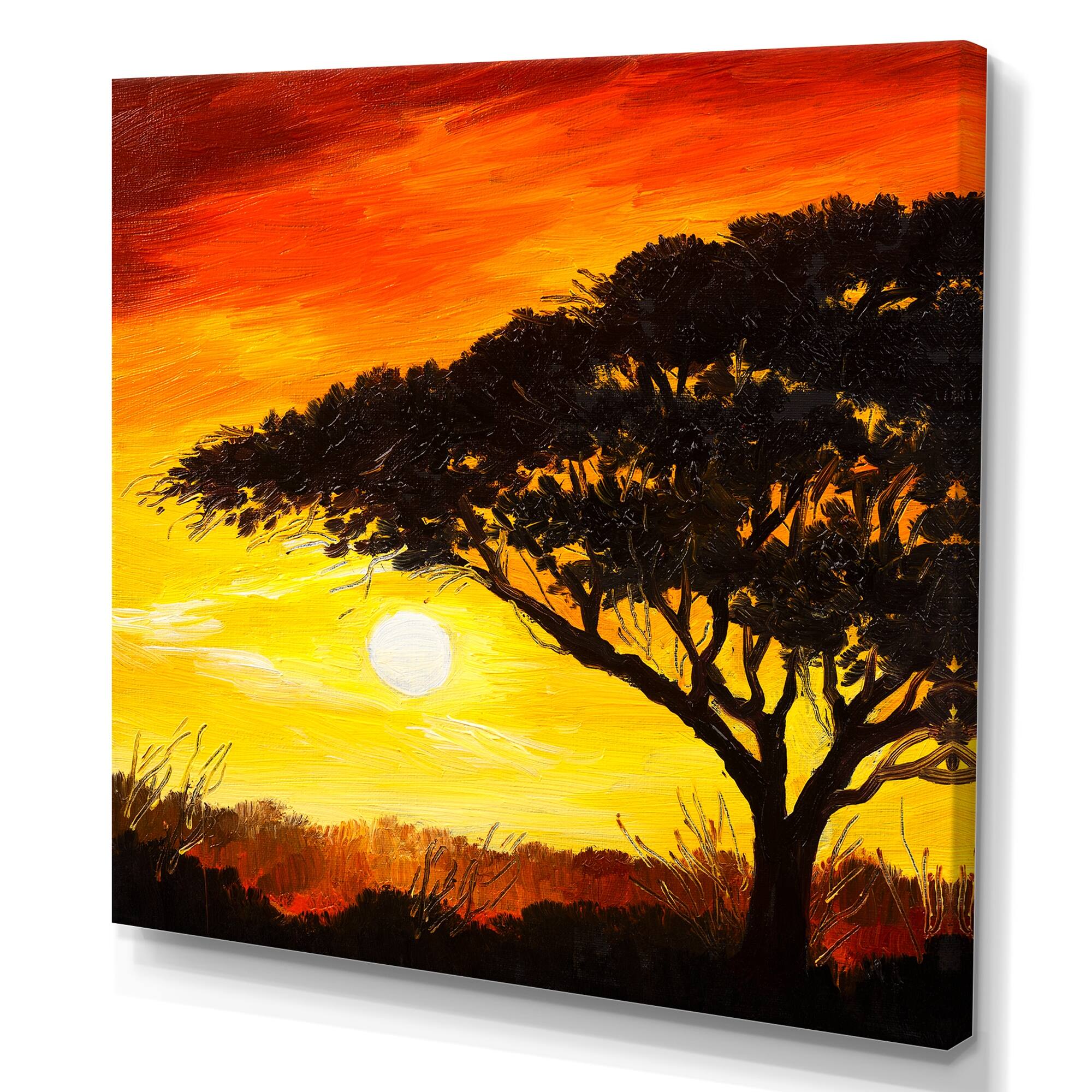 Designart "African Tree Under Wild Sunset" Traditional Canvas Wall Art