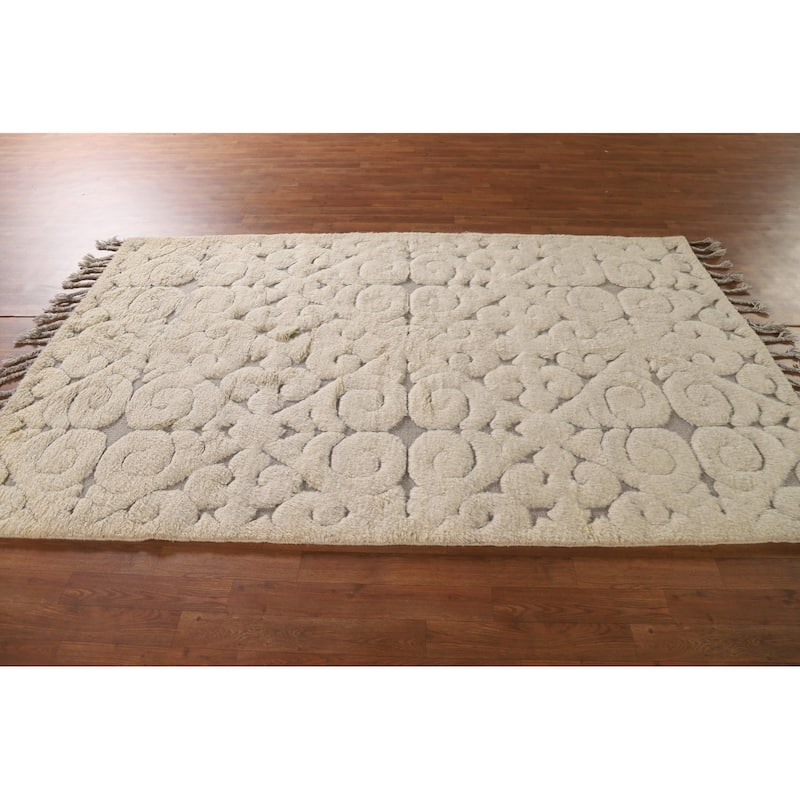 Beige Moroccan Style Area Rug Hand-Knotted Wool Carpet - 5'1"x 8'2"