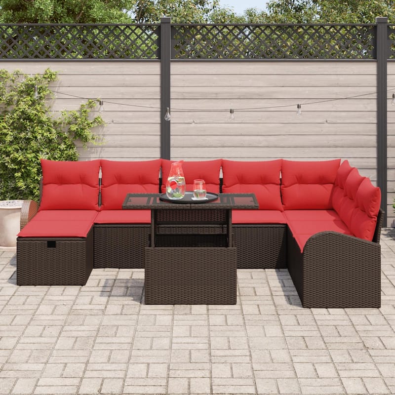 vidaXL 9 Garden Sofa Set with Cushions Black/Brown/Grey Poly Rattan - 113.8 x 70.5 x 27.2