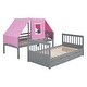 preview thumbnail 9 of 7, Gray+Pink Twin Over Twin Solid Pine Wood House-Shaped Bunk Bed with Tent, Drawers, Convertible to 2 Beds