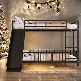 Kids Metal Bunk Bed with Slide and Good Funny Guardrails