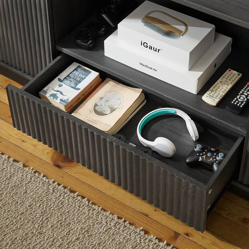 64'' Modern Wavy TV Stand with Rounded Corners, Wooden Stripe Storage Cabinet for Living Room, Bedroom or Entryway