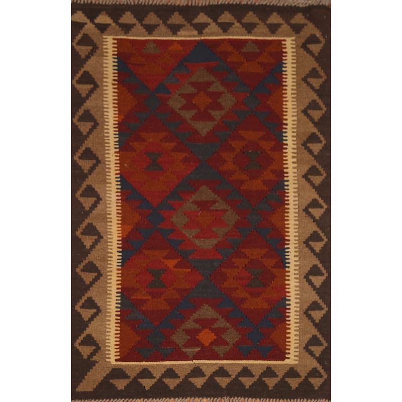 Reversible Kilim Oriental Area Rug Hand-woven Geometric Wool Carpet - 3'3" x 5'2"