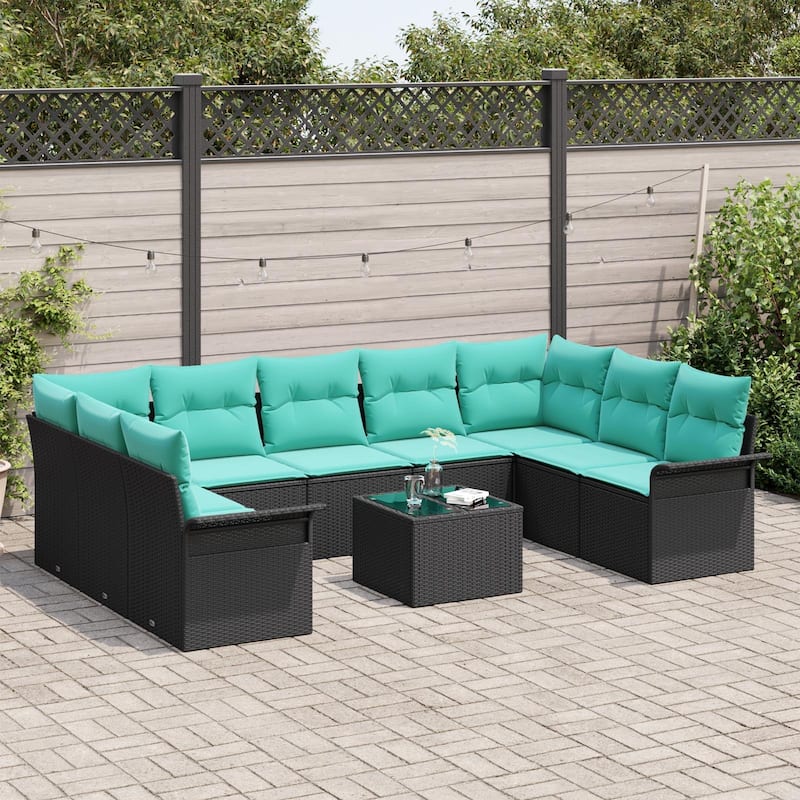 vidaXL 10 Garden Sofa Set with Cushions Black Poly Rattan - 113.8 x 52.2 x 27.2