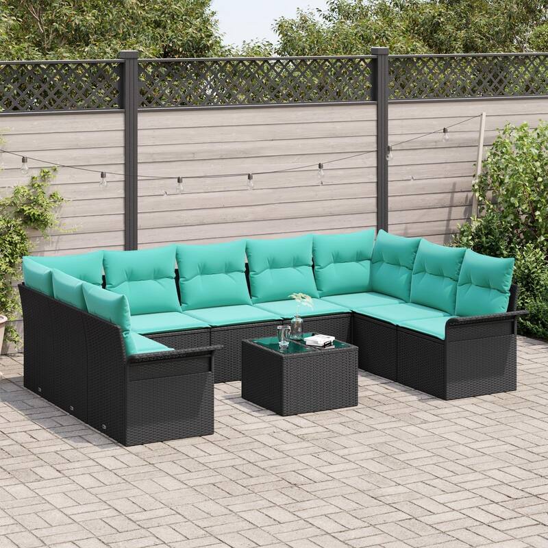 vidaXL 9/10 Garden Sofa Set with Cushions Black/Brown/Grey Poly Rattan - 113.8 x 73.8 x 27.2