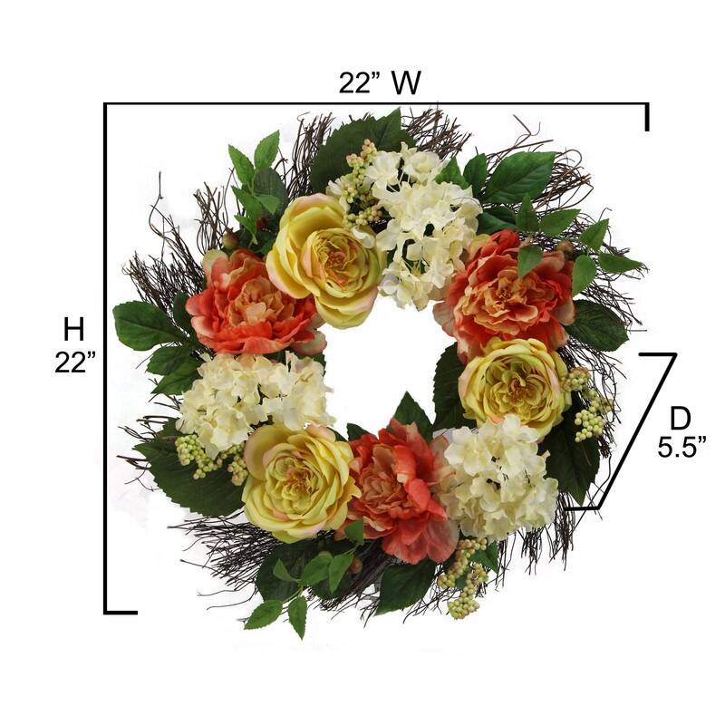 22" Rose, Hydrangea, Peony Wreath Spring Greenery For Door Wall Wreath