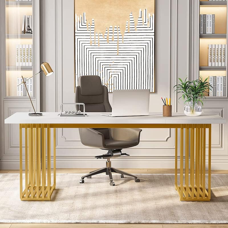 70.9" Modern Office Desk, White Executive Desk with Gold Metal Frame - white and gold