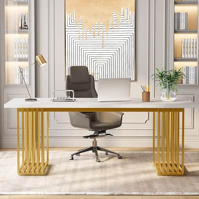 70.9" Modern Office Desk, White Executive Desk with Gold Metal Frame