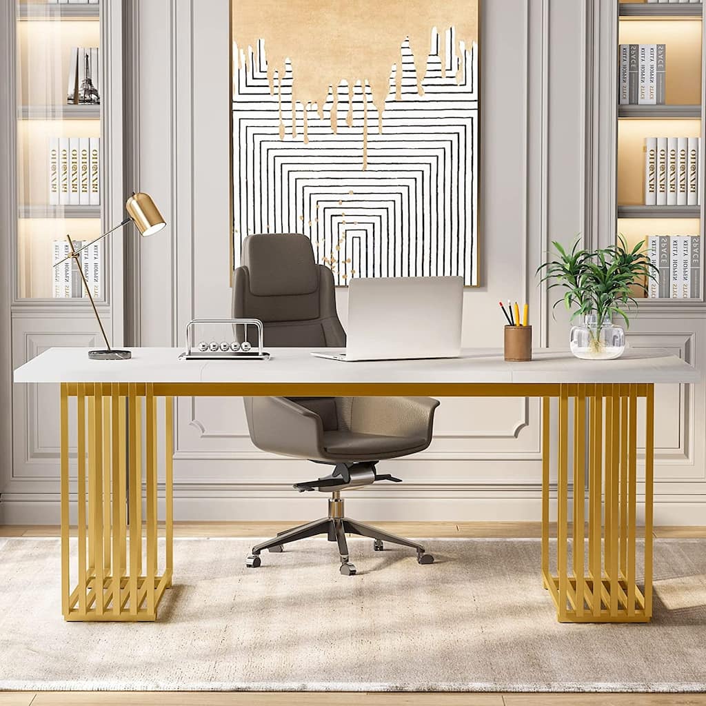 70.9" Modern Office Desk, White Executive Desk with Gold Metal Frame