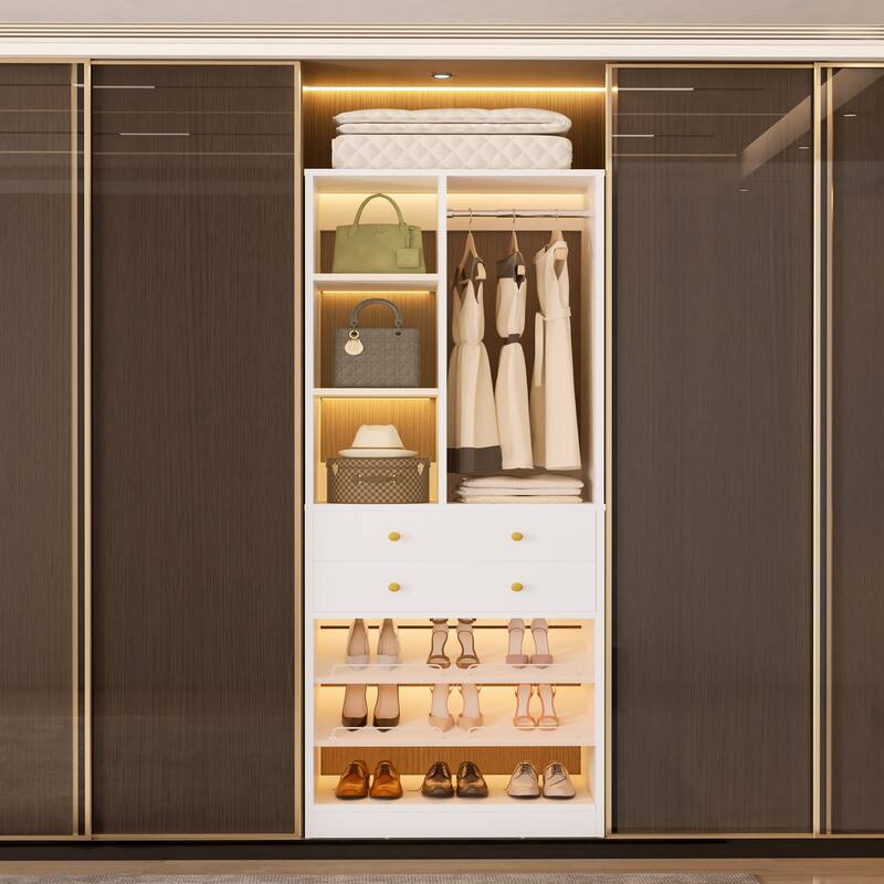 Grimm 28'' Closet Organizer with Shoe Racks and Drawers, Closet System with Hanging Rod and Adjustable Shelves - 1pc - White