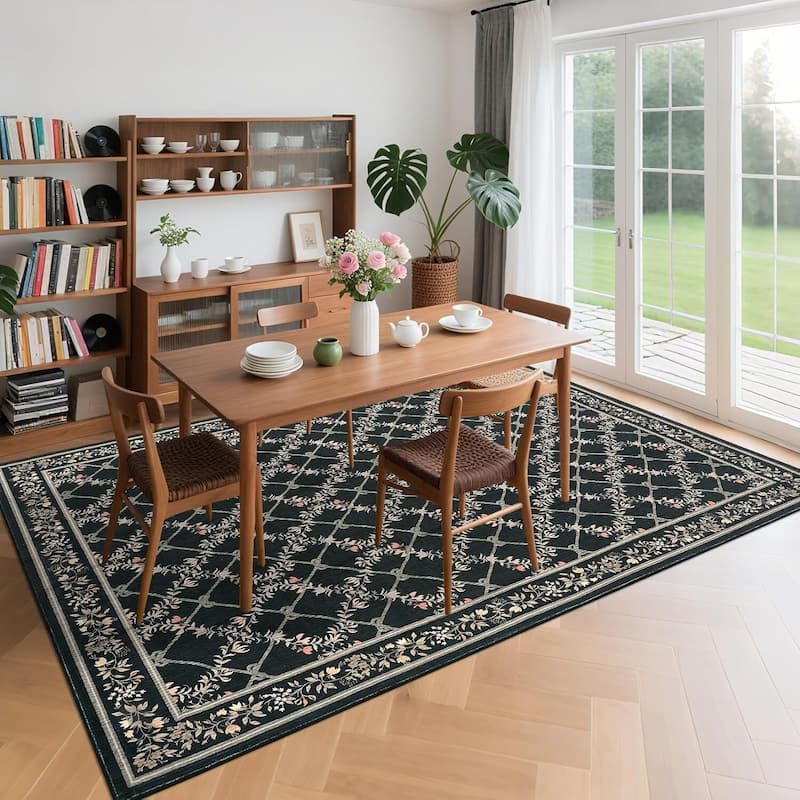 Floral Neutral Washable Hallway Low Pile Area Rug for Bedroom, Living Room, Black - 2' x 3' - Black 10*13ft
