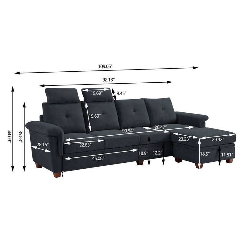 109" Modern 4 Seaters Towelling Sectional Sofa with Hidden Coffee Table Adjustable Headrest and Large Storage Space