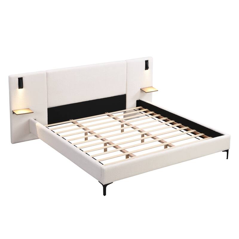 Platform Bed Frame with Integrated Lights, Upholstered Bed Frame with Headboard, Wood Slat Support, No Box Spring Needed