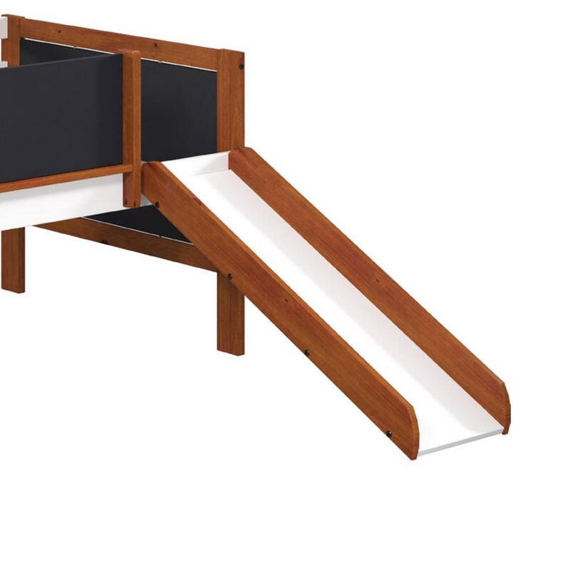 Classic Wood Twin Loft Bed with Slide, Blackboard on Rails, Brown, White