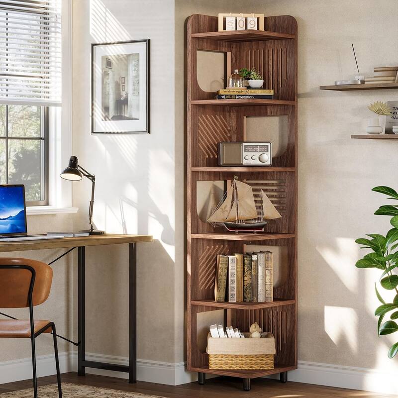 6 Tiers Farmhouse Wood Tall Narrow Corner Shelf with Hollow Design - 15.8" W x 15.8" D x 71.9" H