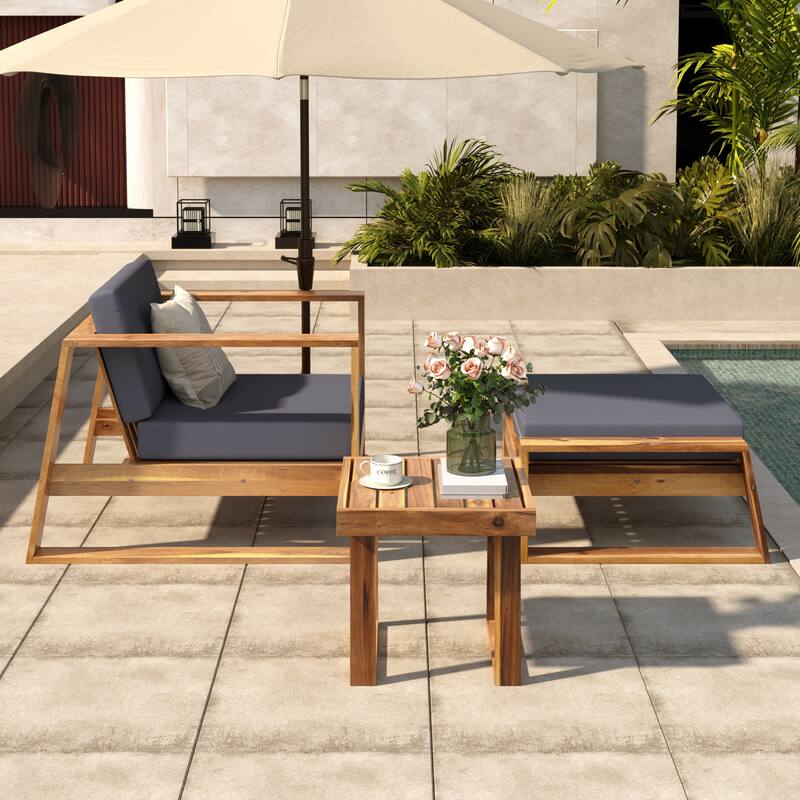 U - Style Acacia Wood Outdoor Lounge Set with Chair & Ottoman Perfect for Patios, Balconies & Gardens - Grey