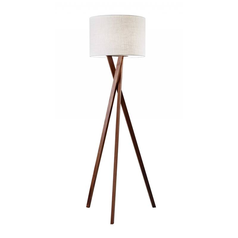 Brown Solid Wood Tripod Floor Lamp with Light Brown Linen Drum Shade Rotary Switch - 20” x 20” x 63” (D x W x H) - Brown-White
