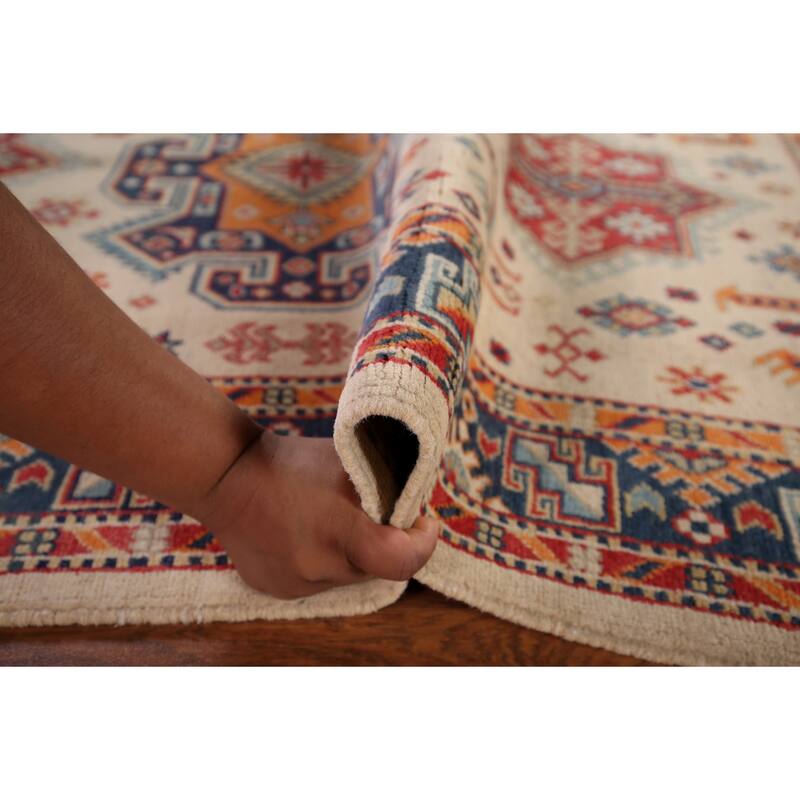 Kazak Area Rug Hand-Knotted Beige Geometric Wool Carpet - 4'0" x 6'1"