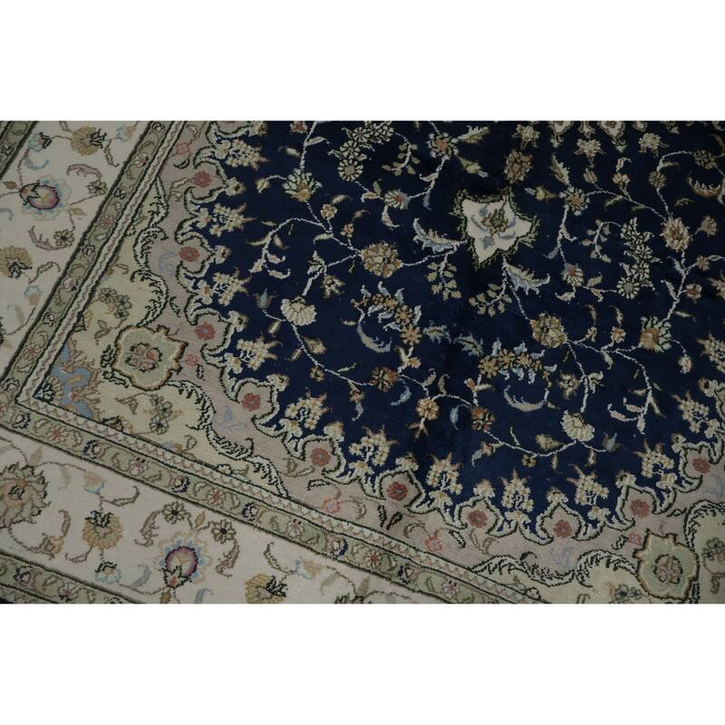Hand Knotted Oriental Silk Carpet Traditional Floral Navy Blue & Blues Kashmar Area Rug - 7' 10'' X 5' 0''