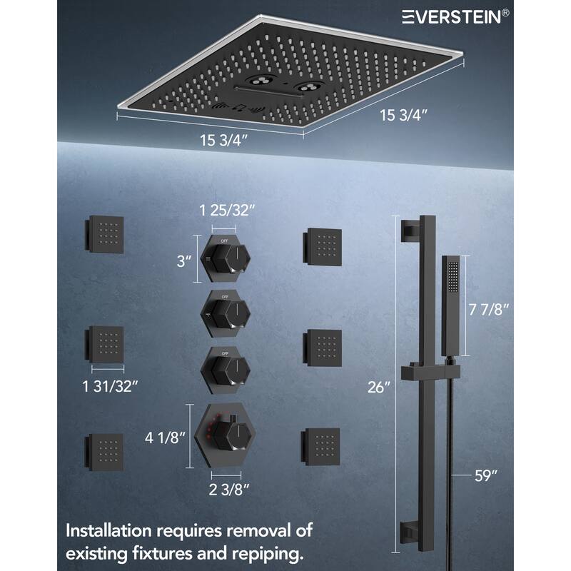 Shower Faucet System 16" Ceiling Mount Shower Head 3 Spray Modes Body Jets Handheld Spray with Slide Bar LED Music
