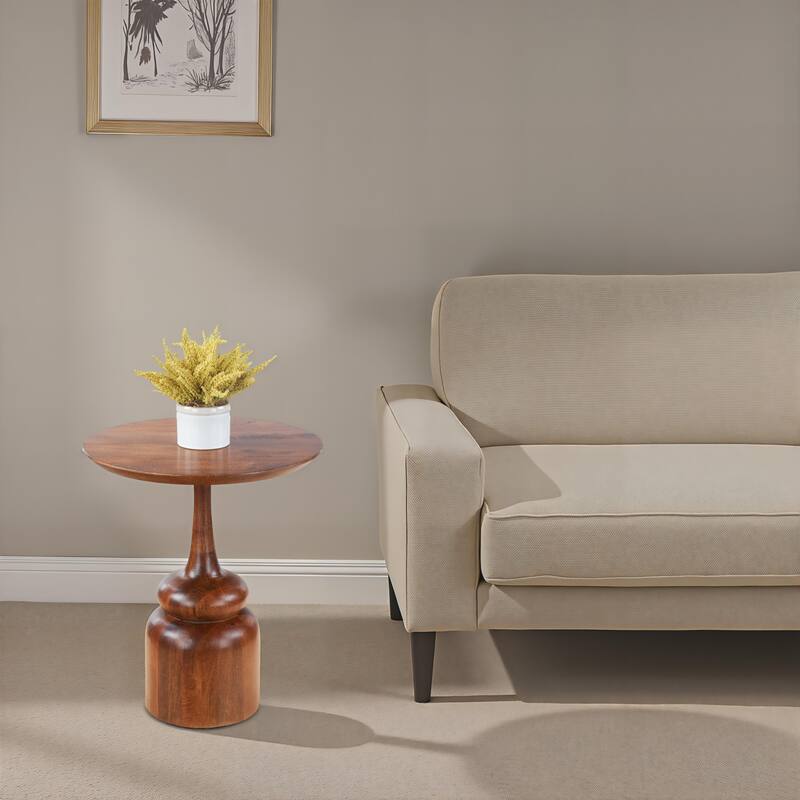 Round Accent Table - Solid Mango Wood with Sculpted Pedestal Base