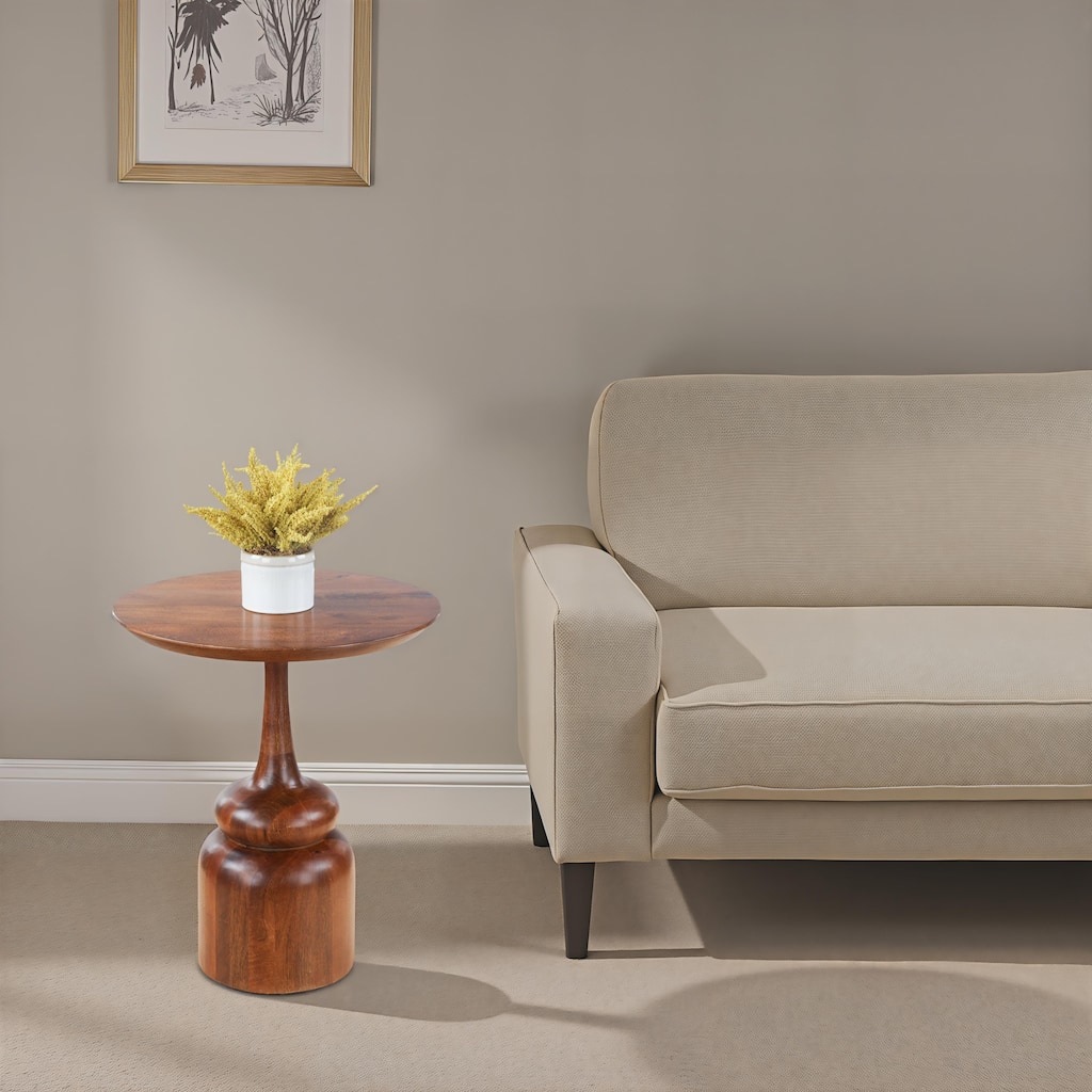 Round Accent Table - Solid Mango Wood with Sculpted Pedestal Base