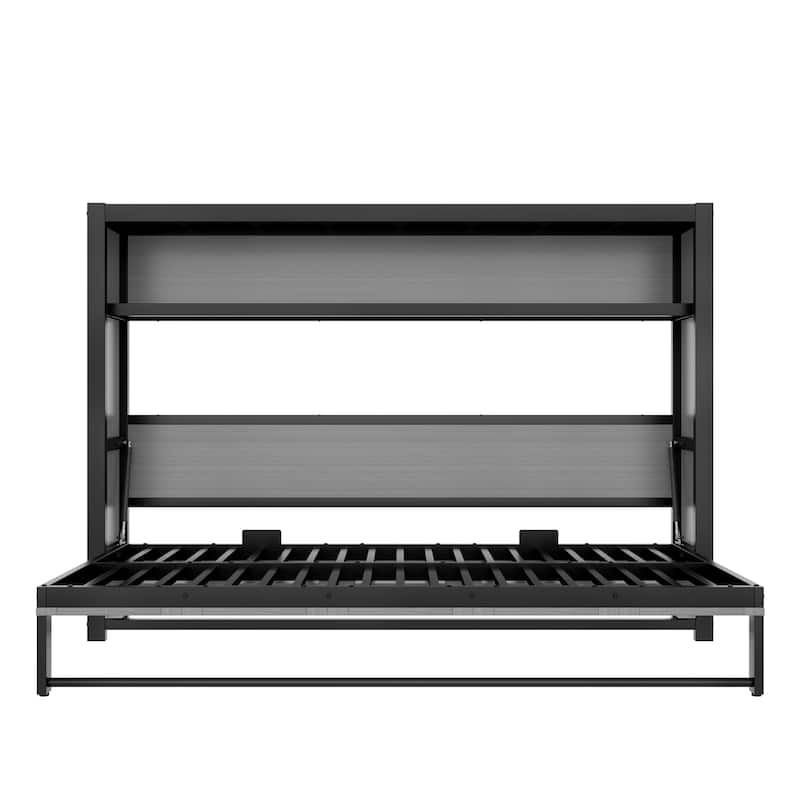 Twin Size Murphy Bed Chest, Hidden Wall Platform Bed with Storage Shelves, Heavy Duty Metal Foldable Bed Frame