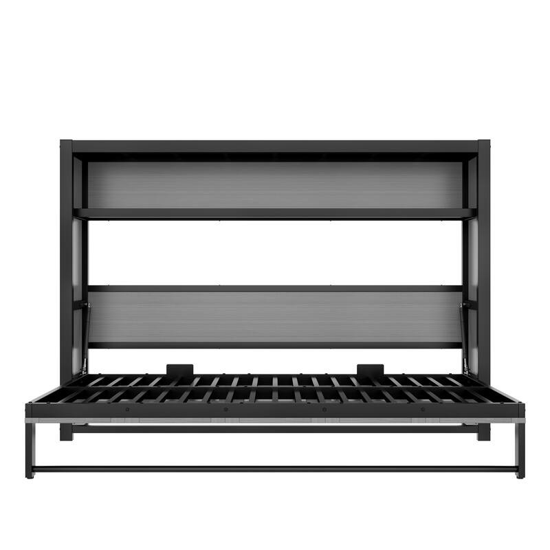 Twin Size Murphy Bed with Shelves, Metal Wall Bed with Foldable and Space-saving Design, Gray