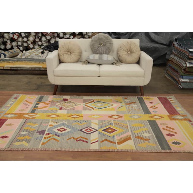 Hand Woven Oriental 100% Wool Carpet Southwestern Tribal Multi-Colored Kilim Area Rug - 8' 4'' X 5' 1''