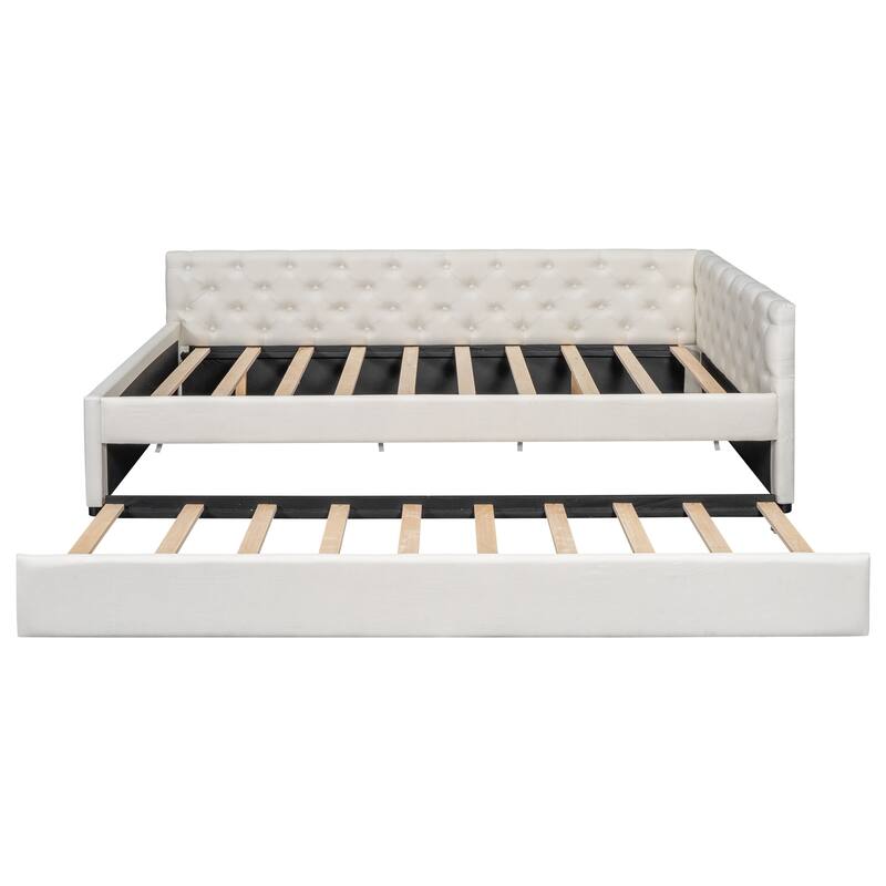 Full XL Size Upholstered Platform Bed Frame with Trundle, Elegant Tufted Button Design and Extra Sleeping Space for Bedroom