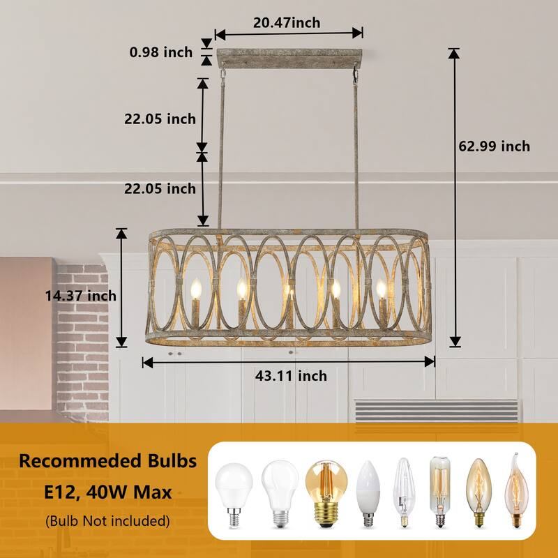 Rustic Metal Oval - Ring 5 - Light Kitchen Island Linear Chandelier