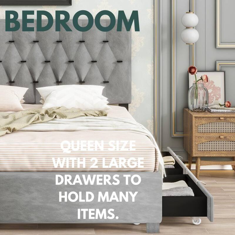 Modern Queen Upholstered Platform Bed with Gold Tufted Headboard, Pull-Out Trundle & 2 Storage Drawers, No Box Spring Needed